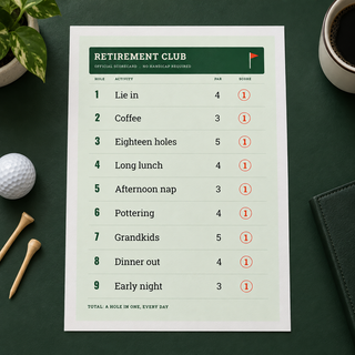 Close view of the funny golf retirement print on smooth matte paper