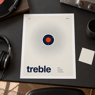 Close view of the Swiss style treble print on smooth matte paper