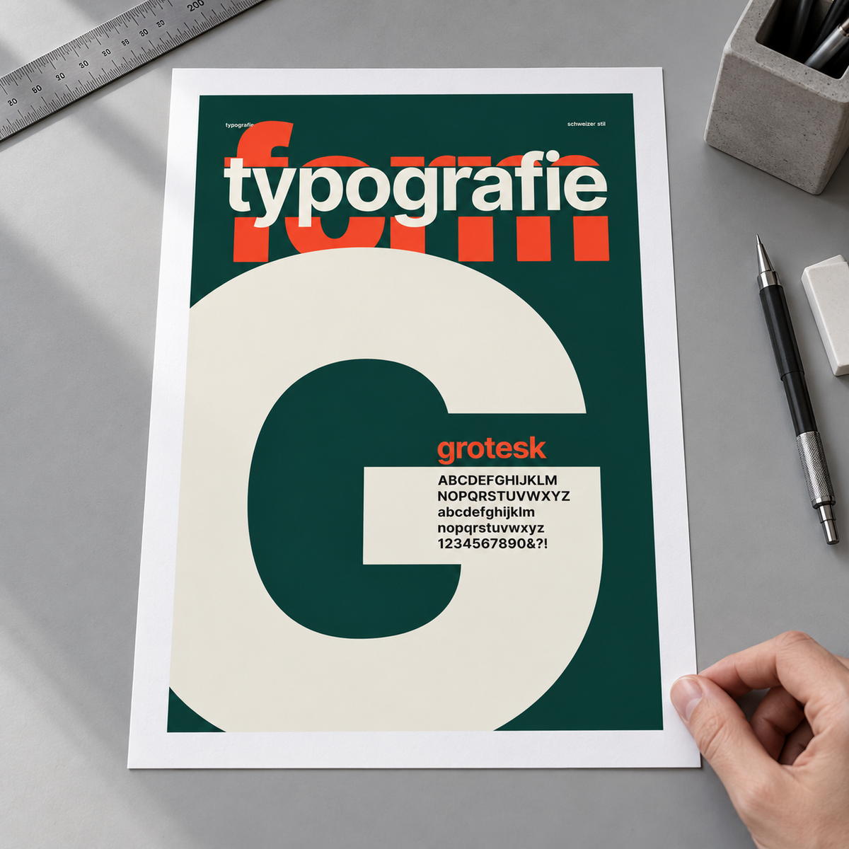 Close view of the Swiss style type specimen print on smooth matte paper