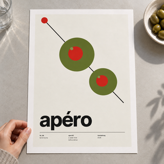 Close view of the green olives with red centres print on smooth matte paper