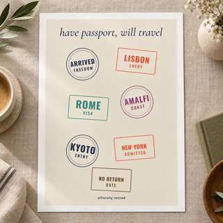 Close view of the have passport will travel print on smooth matte paper