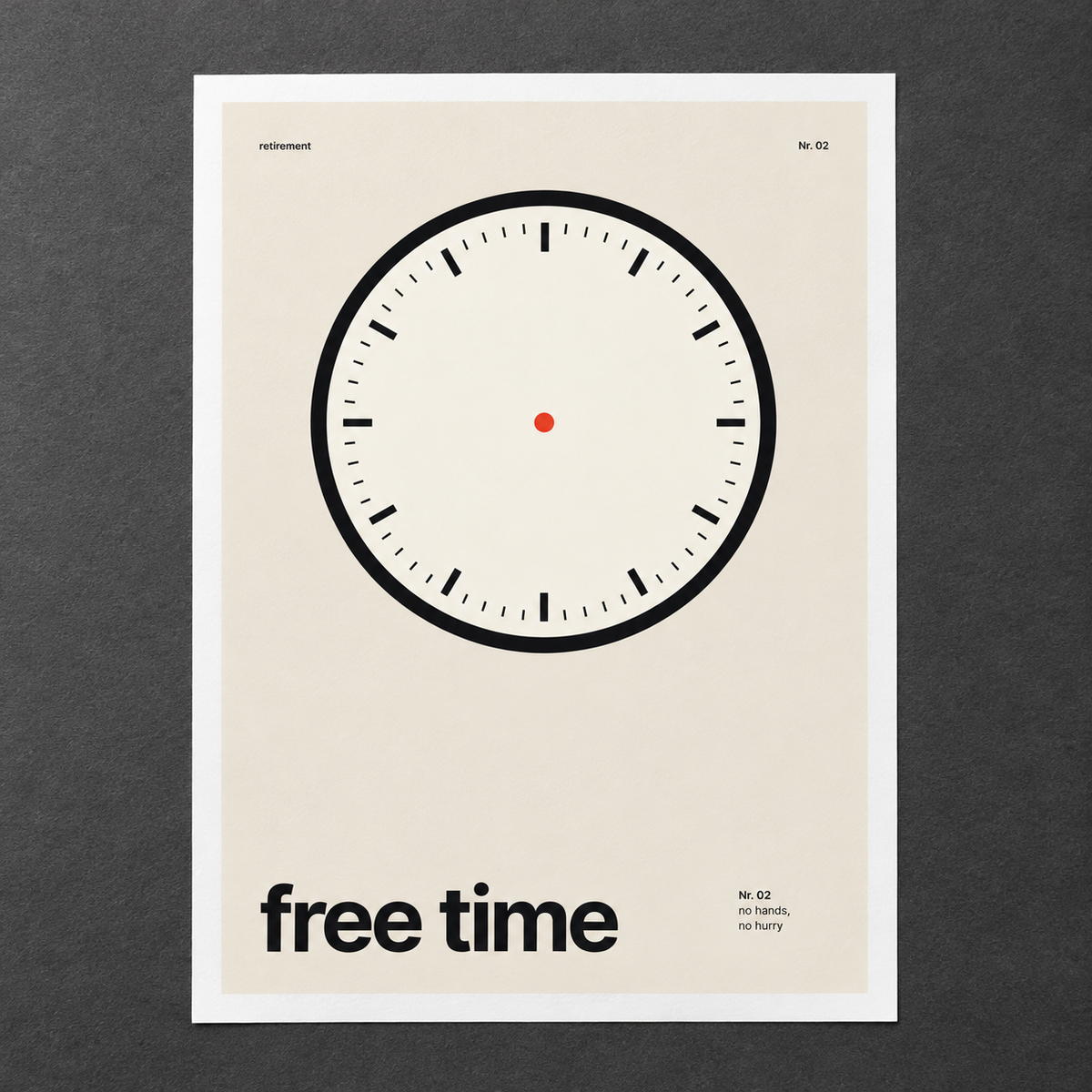 Close view of the minimalist clock face print on smooth matte paper