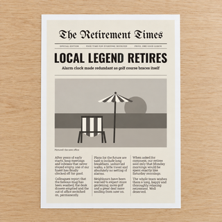 Close view of the funny retirement newspaper print on smooth matte paper