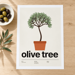 Close view of the Swiss style olive tree print on smooth matte paper