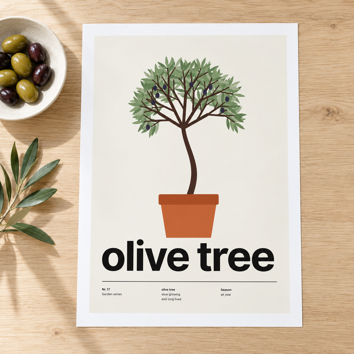 Close view of the Swiss style olive tree print on smooth matte paper