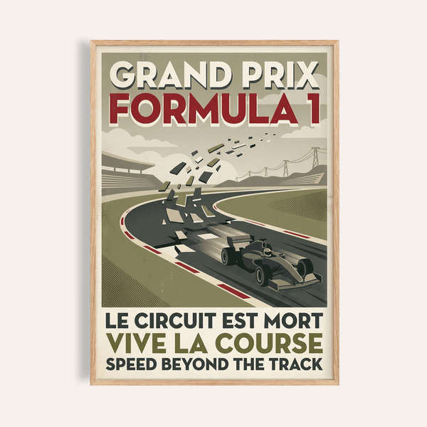 Vintage racing poster print with a single Formula-style car on a curved track and bold GRAND PRIX text