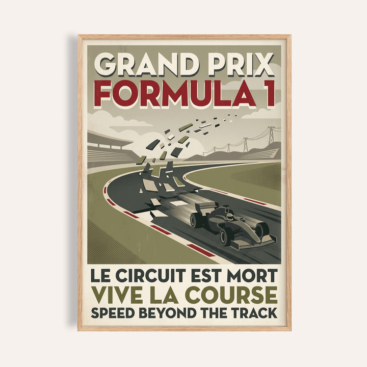 Vintage racing poster print with a single Formula-style car on a curved track and bold GRAND PRIX text