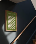 Olive green mid century geometric Bauhaus artwork featuring symmetrical pattern.