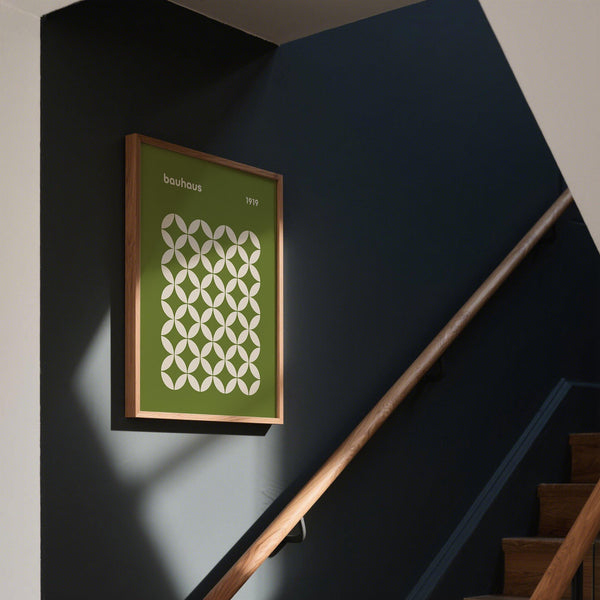 Olive green mid century geometric Bauhaus artwork featuring symmetrical pattern.