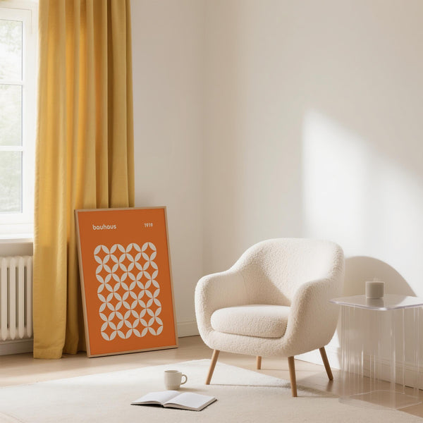 Square layout orange poster with geometric mid-century shapes.