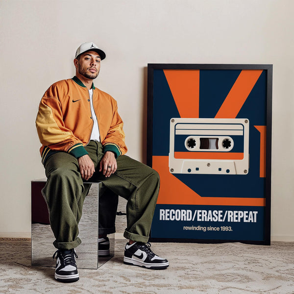 Graphic cassette tape wall art with sharp contrast and clean lines.