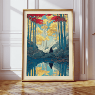 Quiet nature print with central clearing, autumn canopy, and still reflection, Zen Forest Art Print