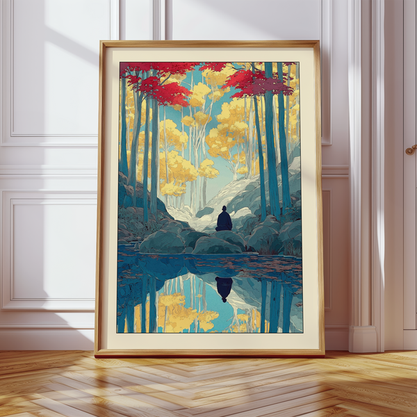 Quiet nature print with central clearing, autumn canopy, and still reflection, Zen Forest Art Print