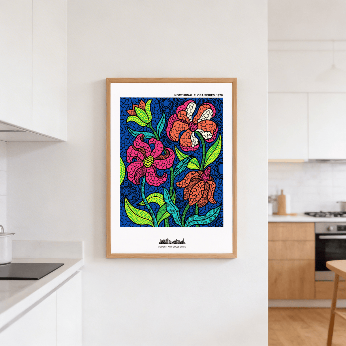 Nocturnal Floral Art Print showing curling petals and dense graphic backdrop