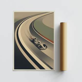 Graphic print of a low-slung racer against layered circuit colors