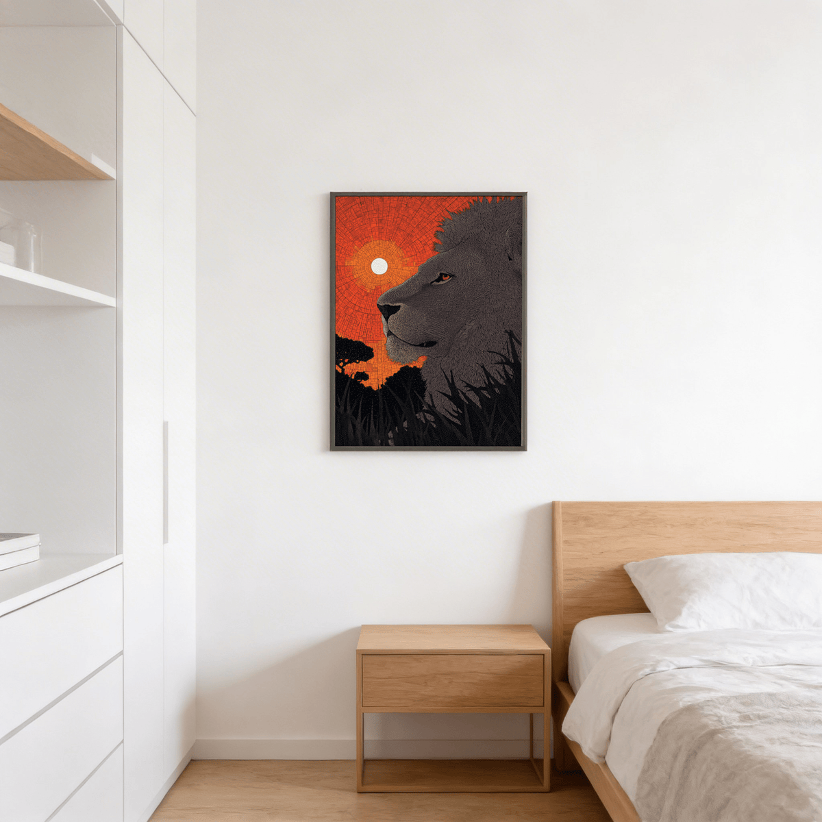 African Landscape Wall Art framed mockup above living room sofa