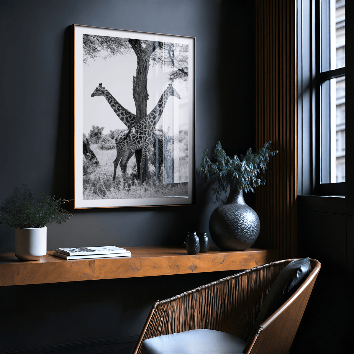 Cropped scene of giraffes standing near a tree in a savanna landscape poster