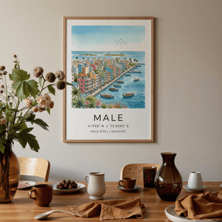 Seaside promenade city poster print with boats on the water and island horizon