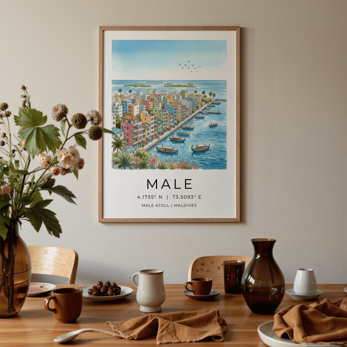 Seaside promenade city poster print with boats on the water and island horizon