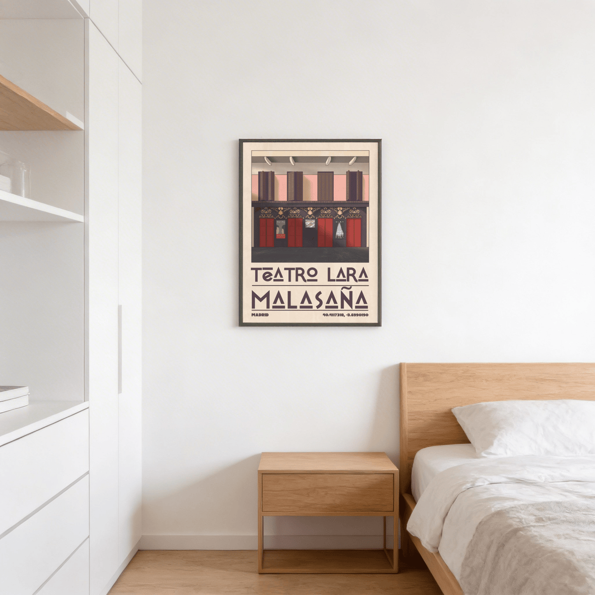 City landmark poster print with shuttered windows, ornate band, and Madrid label