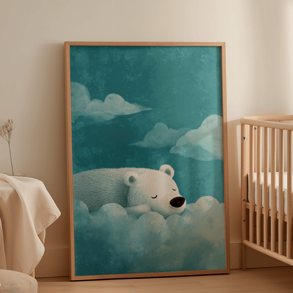 Polar Bear Wall Art showing blue skies and white fur for children’s bedroom wall art