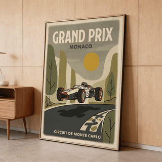 Retro racing graphic wall piece showing streamlined car against simplified trees and roadway