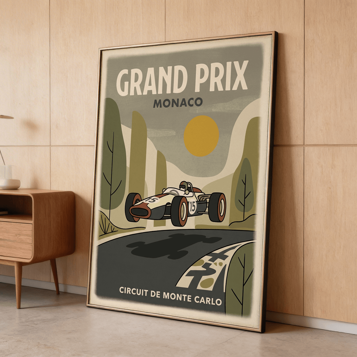 Retro racing graphic wall piece showing streamlined car against simplified trees and roadway