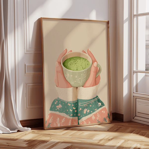 Cozy Matcha Tea Art Print with green colors for bedroom art print
