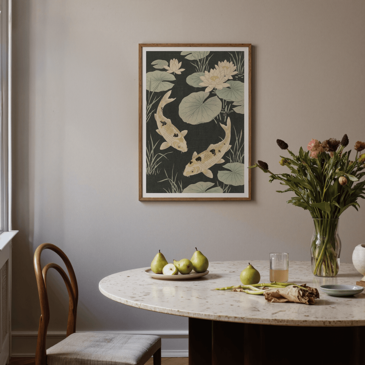 Japanese Koi Carp Art print in Green and Black suited for meditation room