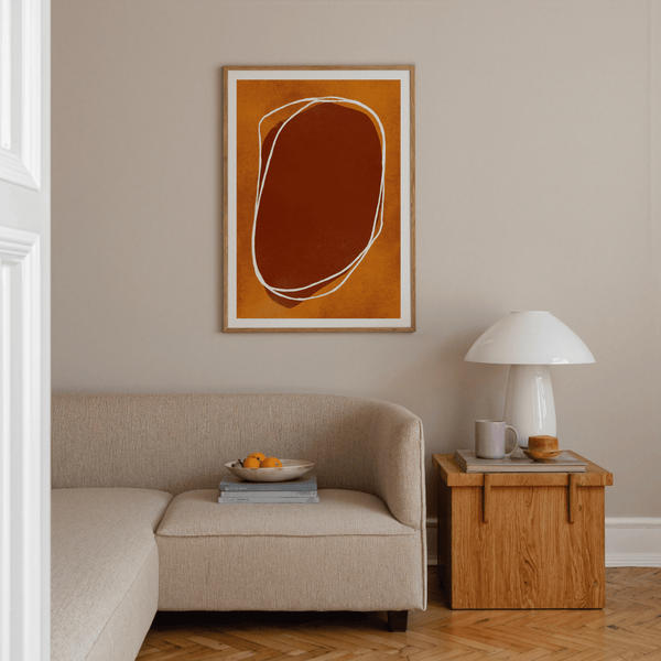 Minimalist brown and orange organic shape poster with double contour outline