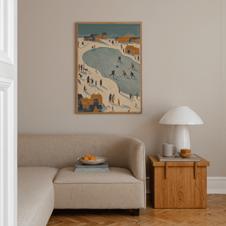 Orange cottages in Hockey Winter Art Print for a vintage hallway decor