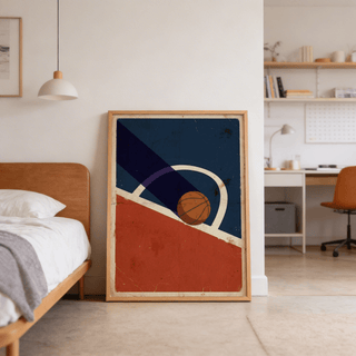 Retro sports graphic showing ball icon on layered diagonal shapes