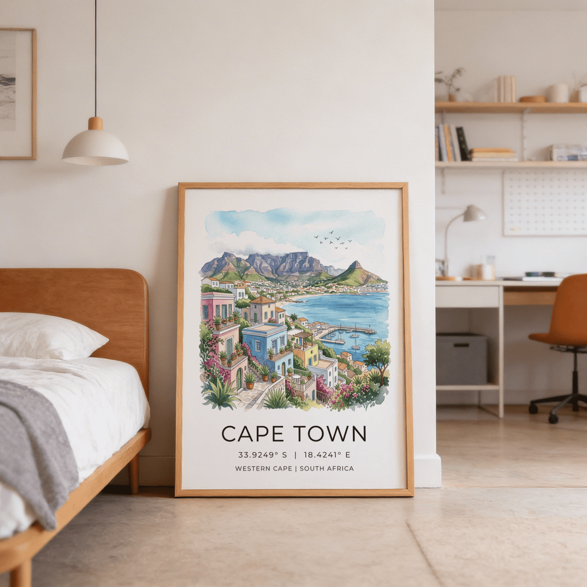 Scenic Cape Town Art Print wall decor featuring waterfront marina, birds in sky, and mountains