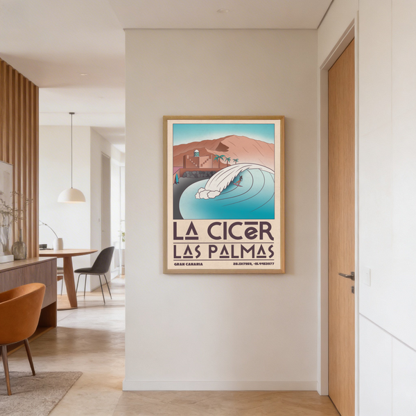 Close-up of wave arc and surfer figure on a graphic surf wall art print poster