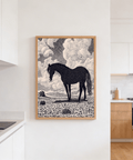 Ink illustration of a standing stallion amid drifting cloud forms