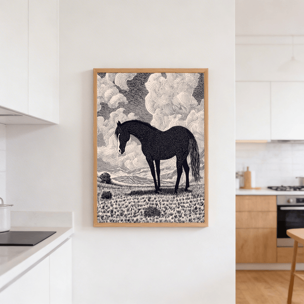Ink illustration of a standing stallion amid drifting cloud forms