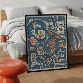 Close-up wall art print showing one-eyed lantern character and cloud motifs with dotted texture