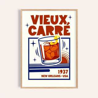 New Orleans Cocktail Print in red, orange, and blue for bar wall art