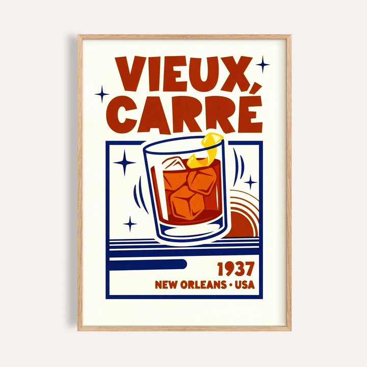 New Orleans Cocktail Print in red, orange, and blue for bar wall art