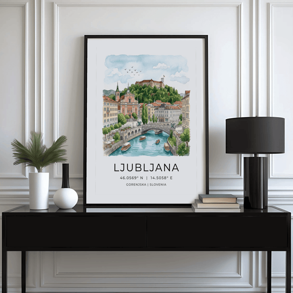 Architecture-themed Ljubljana Art Print showing church facade, rooftops, and river bend