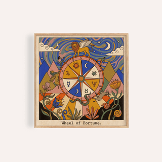 Featured Wheel of Fortune Tarot Card Art poster with central zodiac wheel and winged lion