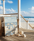 Tranquil Beach Umbrella Art Print wall art with blue, beige, and white for hallway