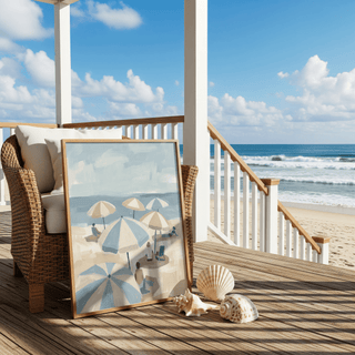 Tranquil Beach Umbrella Art Print wall art with blue, beige, and white for hallway