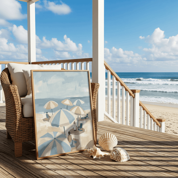 Tranquil Beach Umbrella Art Print wall art with blue, beige, and white for hallway