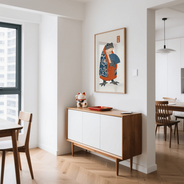 Frog in Kimono Print featuring blue kimono, suitable for study room poster