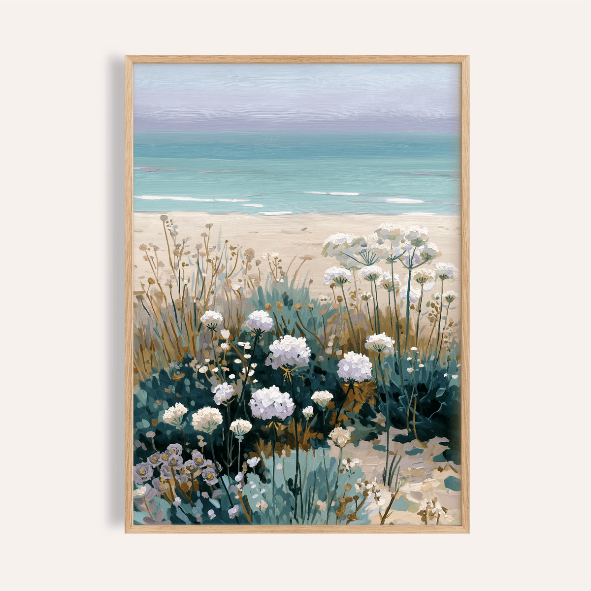 Beach Floral Art print in Blue, Beige, Pink for bedroom wall art