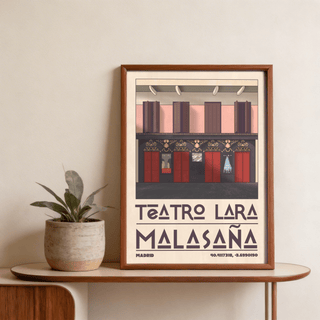 Symmetrical building illustration poster print with doors, signage, and street foreground