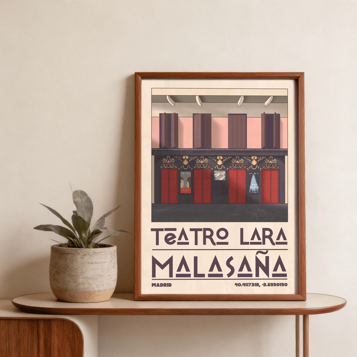 Symmetrical building illustration poster print with doors, signage, and street foreground