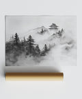 Atmospheric mist over trees and temple in this minimalist mountain art landscape.