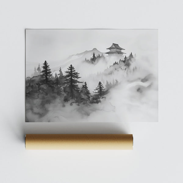 Atmospheric mist over trees and temple in this minimalist mountain art landscape.
